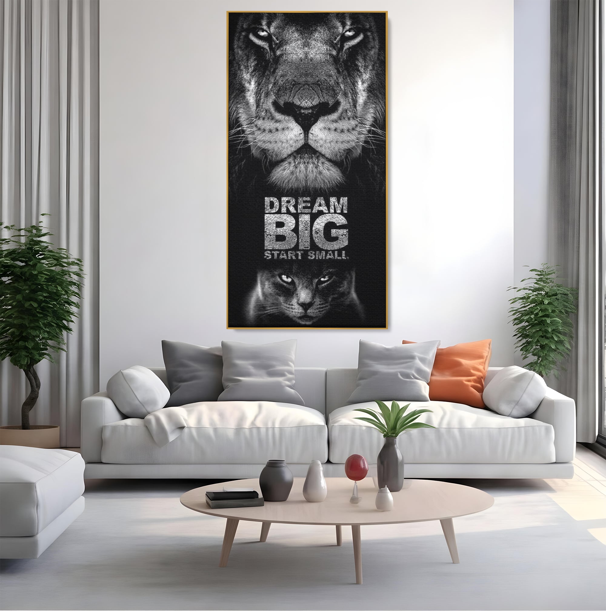 Tablou canvas cu tablou canvas cu leu si pisica, in rama de aluminiu auriu, pe perete intr-un living